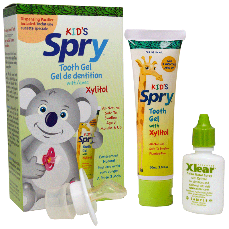 Spry Xylitol Tooth gel, BPAfree pacifier and Baby Banana Brush